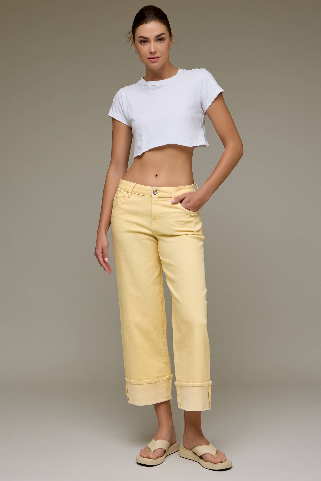Mellow Yellow Cuffed Mid Rise Petite Dad Jean