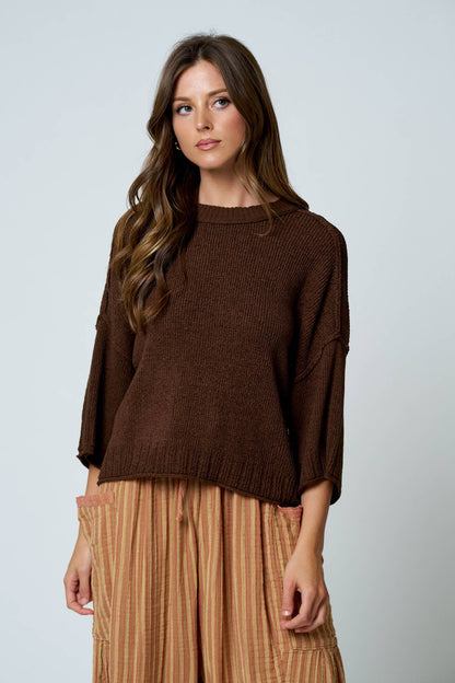 CREW NECK DROP SHOULDER RAW EDGE KNIT TOP