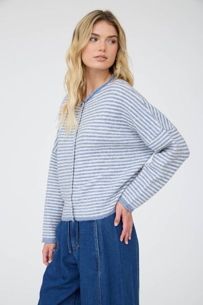 STRIPE RAW EDGE DROP SHOULDER KNIT CARDIGAN