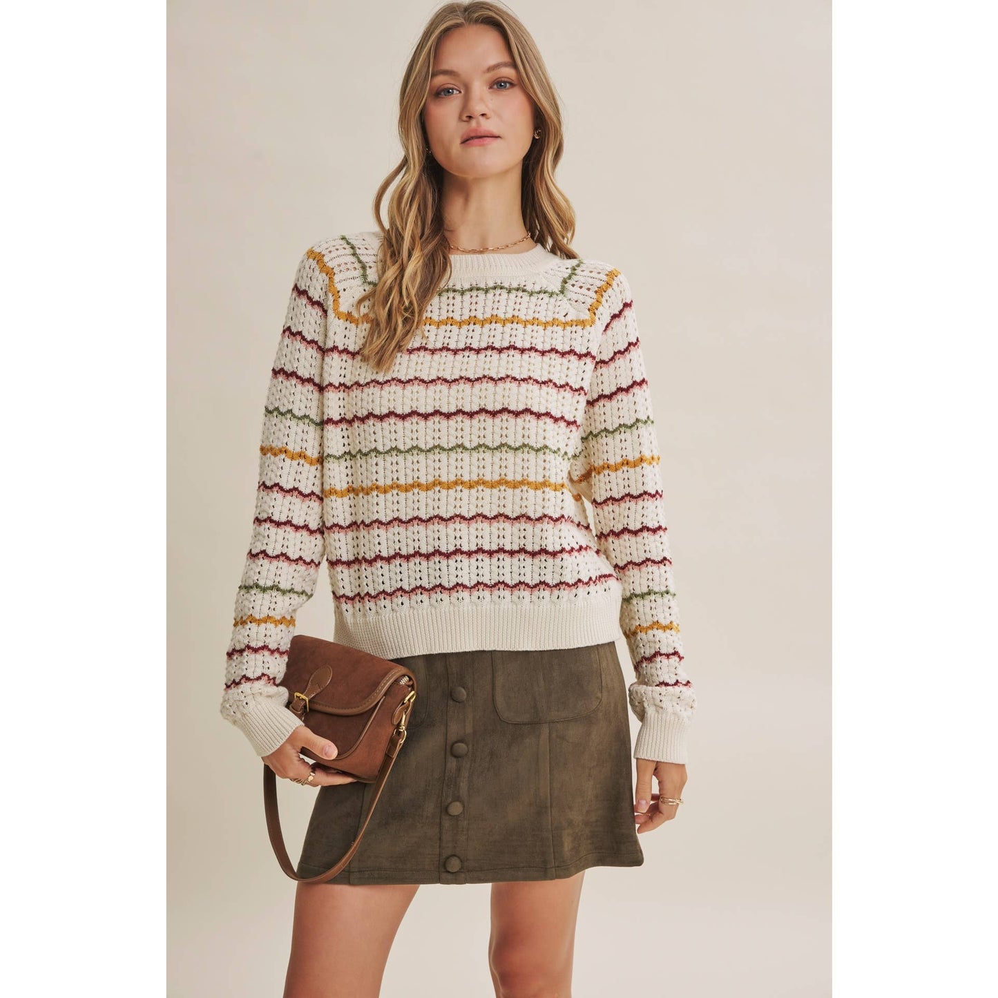 ARTISAN MULTI-COLOR CROCHET-LIKE SCALLOP STRIPE SWEATER