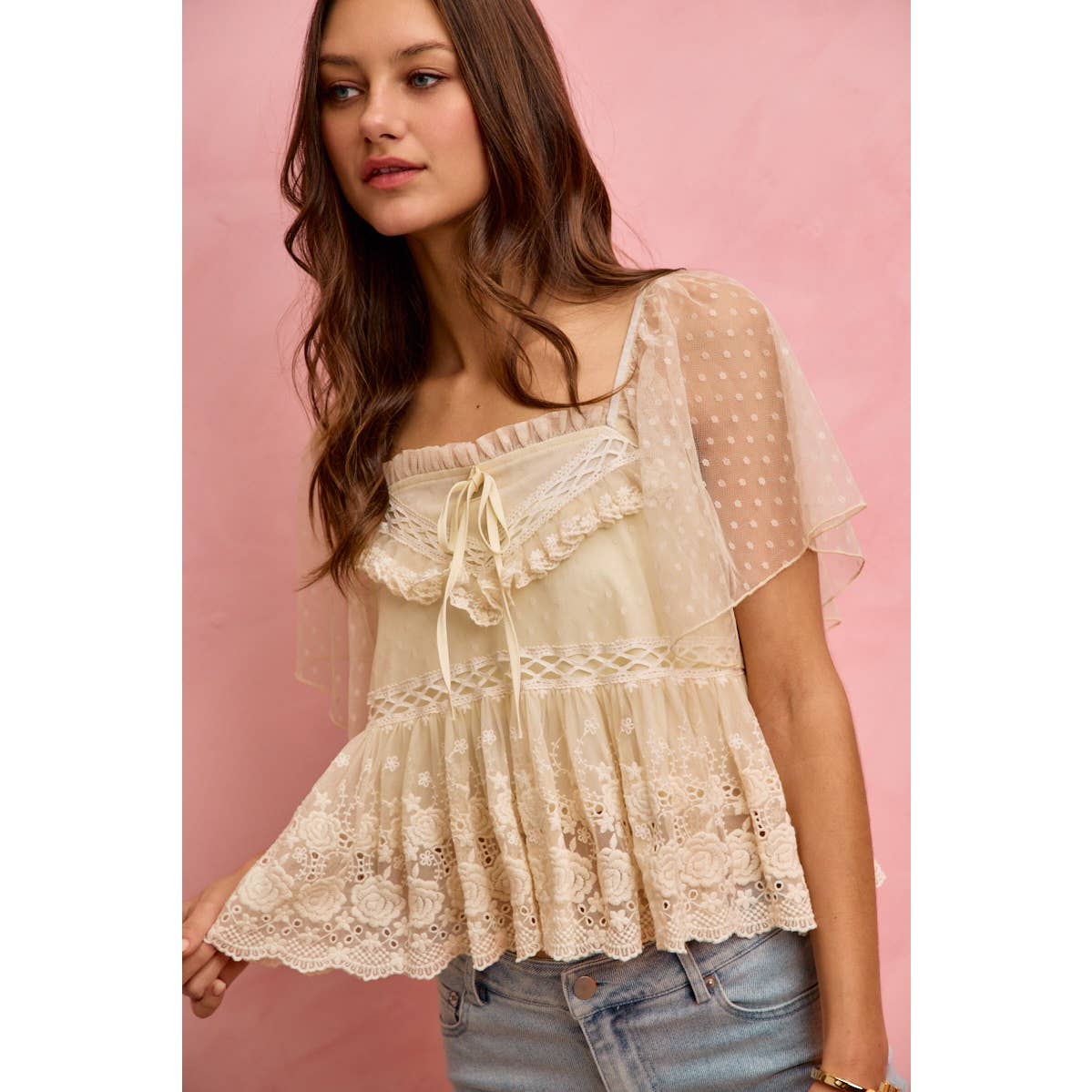 BOHEMIAN LACE TRIM RUFFLED MESH DOT BLOUSE TOP
