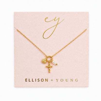 Faith & Love Charm Necklace – Gold-Tone Chain with Heart, Cross, and Pearl Charms