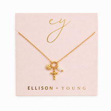 Load image into Gallery viewer, Faith &amp; Love Charm Necklace – Gold-Tone Chain with Heart, Cross, and Pearl Charms