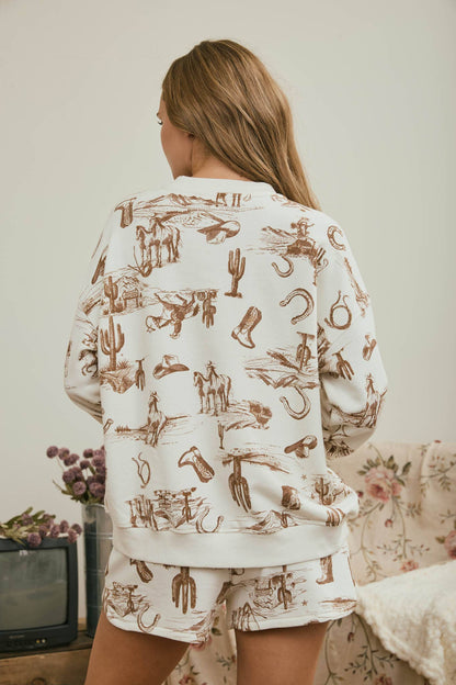 Western Print Crew Neck Knit Top