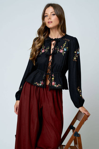 FLORAL EMBROIDERY CROCHET LACE TRIM FRONT TIE TOP