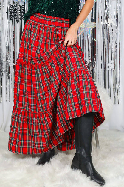 Feelin’ Festive Flowy Plaid Tiered Maxi Skirt