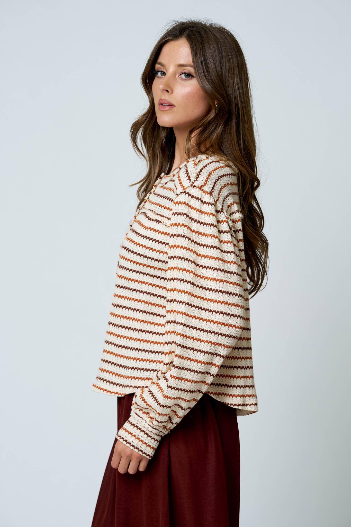 MULTICOLOR STRIPE YOKE DETAIL KNIT TOP