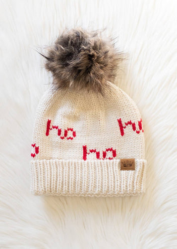 Beige & Red Ho Ho Ho Pom Hat