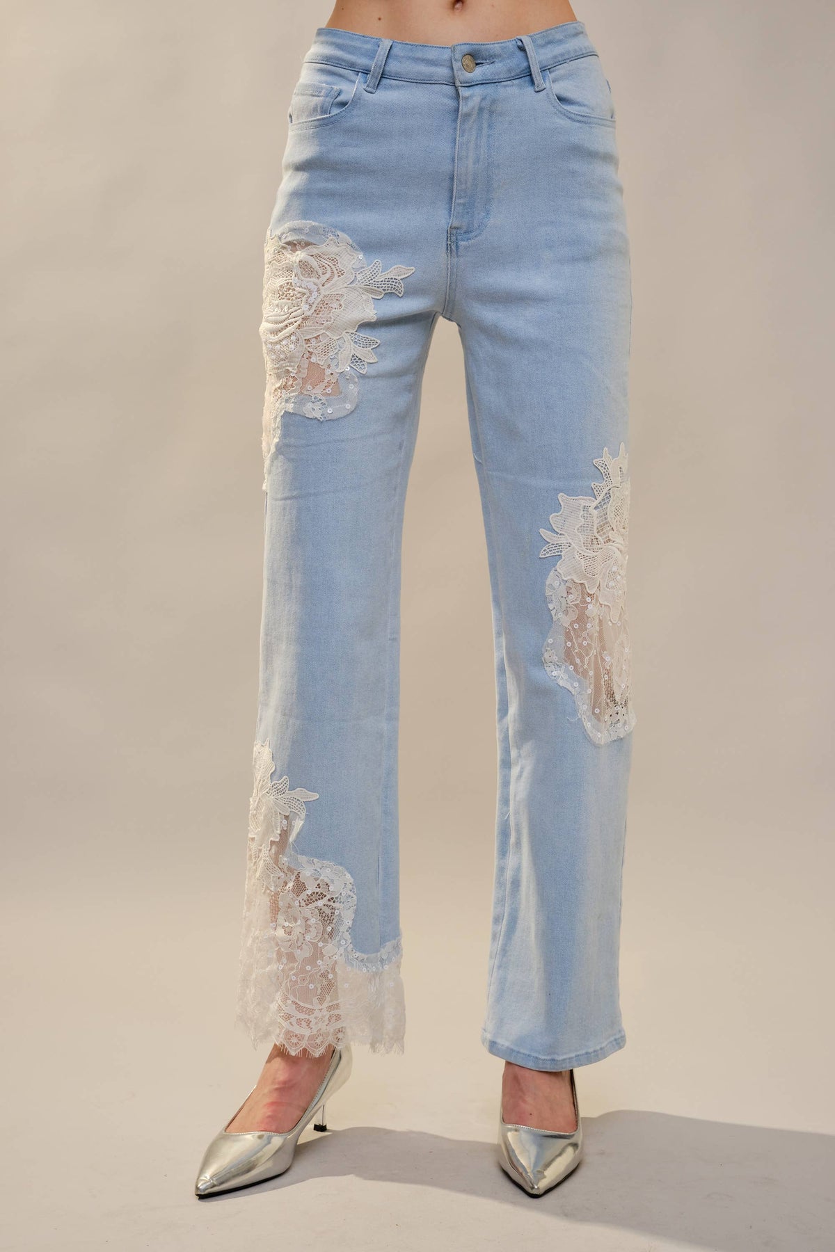 Lace Patchwork Straight Leg Jeans