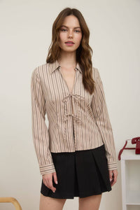 Pulling Strings Striped Collared Long Sleeve Front Tie Shirt
