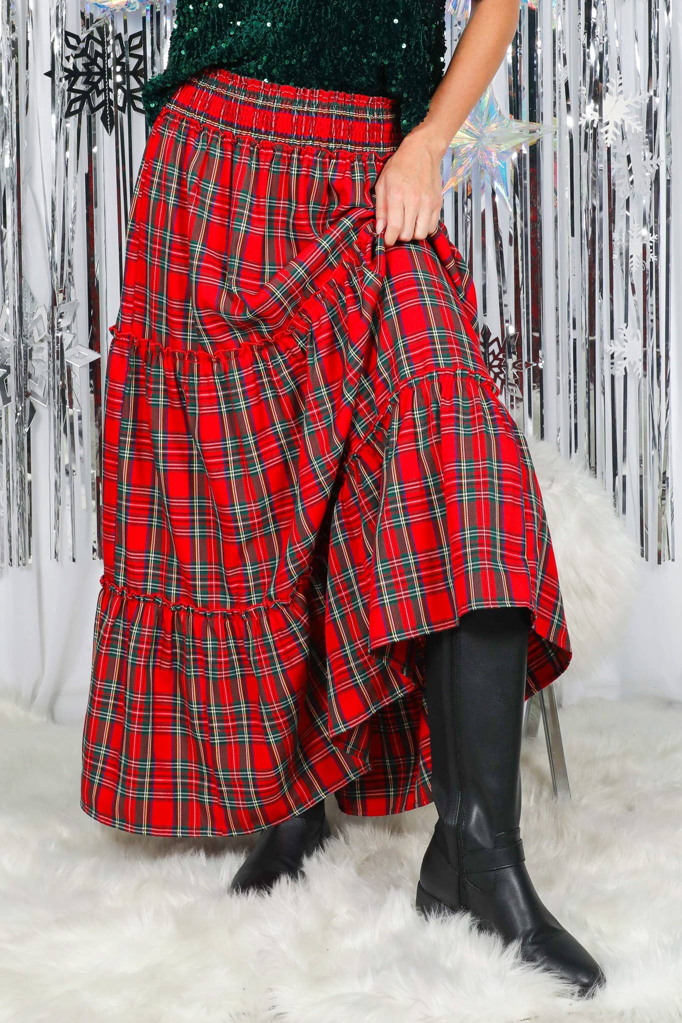 Feelin’ Festive Flowy Plaid Tiered Maxi Skirt