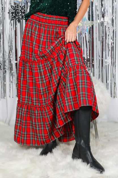 Feelin’ Festive Flowy Plaid Tiered Maxi Skirt