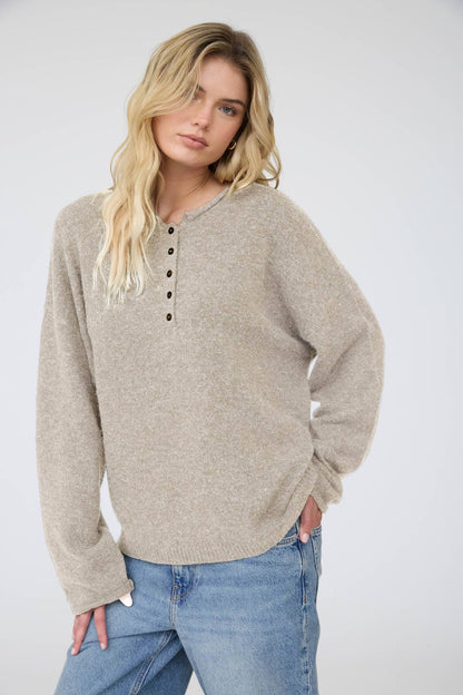 RAW ROLLED EDGE HENLEY RELAXED PULLOVER SWEATER