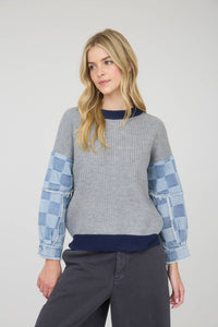 Mix & Match Checkered Denim Sleeve Knit Sweater