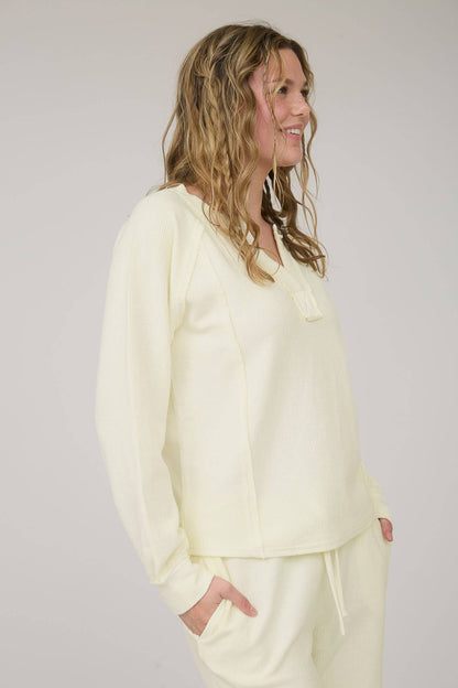 In My Comfy Era Mineral Washed Ribbed Split Neck Long Sleeve Knit Top