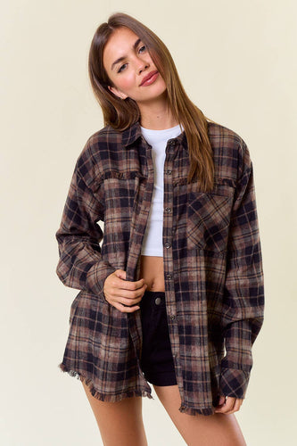 Bonfire Nights Plaid Flannel Shirt W/ Frayed Hem