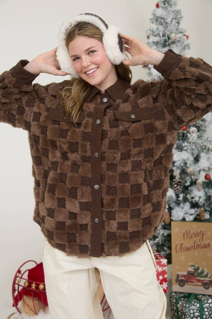 Snuggle Bug Checkered Faux Shearling Button Down Shacket