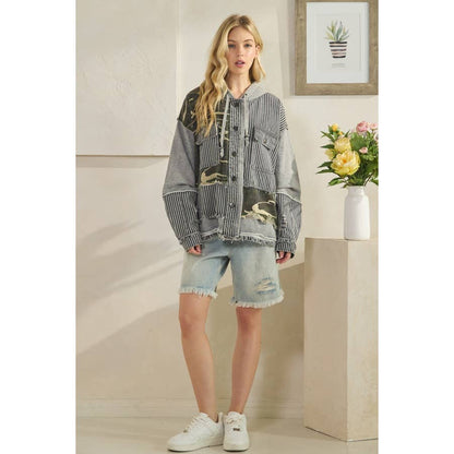 Oli & Hali Mixed Fabric  Hooded Button Down Jacket