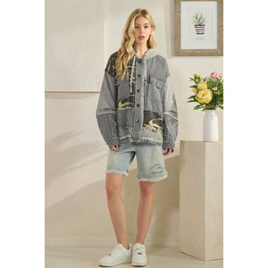 Oli & Hali Mixed Fabric  Hooded Button Down Jacket