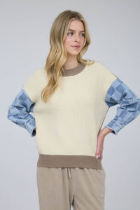 Mix & Match Checkered Denim Sleeve Knit Sweater