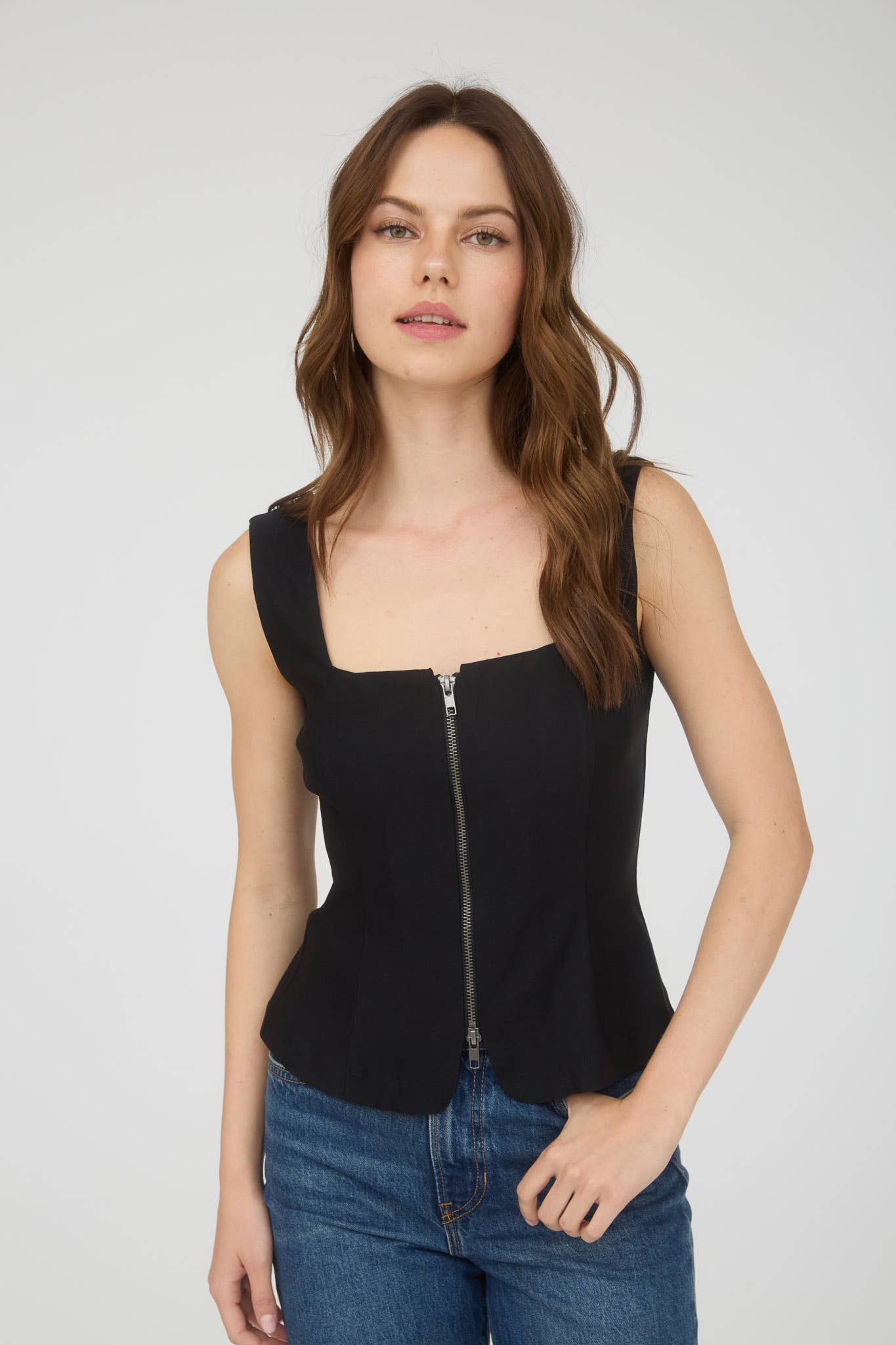 Livin’ on the Edge Zip- Front Square Neck Sleeveless Top