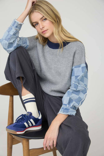 Mix & Match Checkered Denim Sleeve Knit Sweater