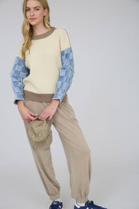 Mix & Match Checkered Denim Sleeve Knit Sweater