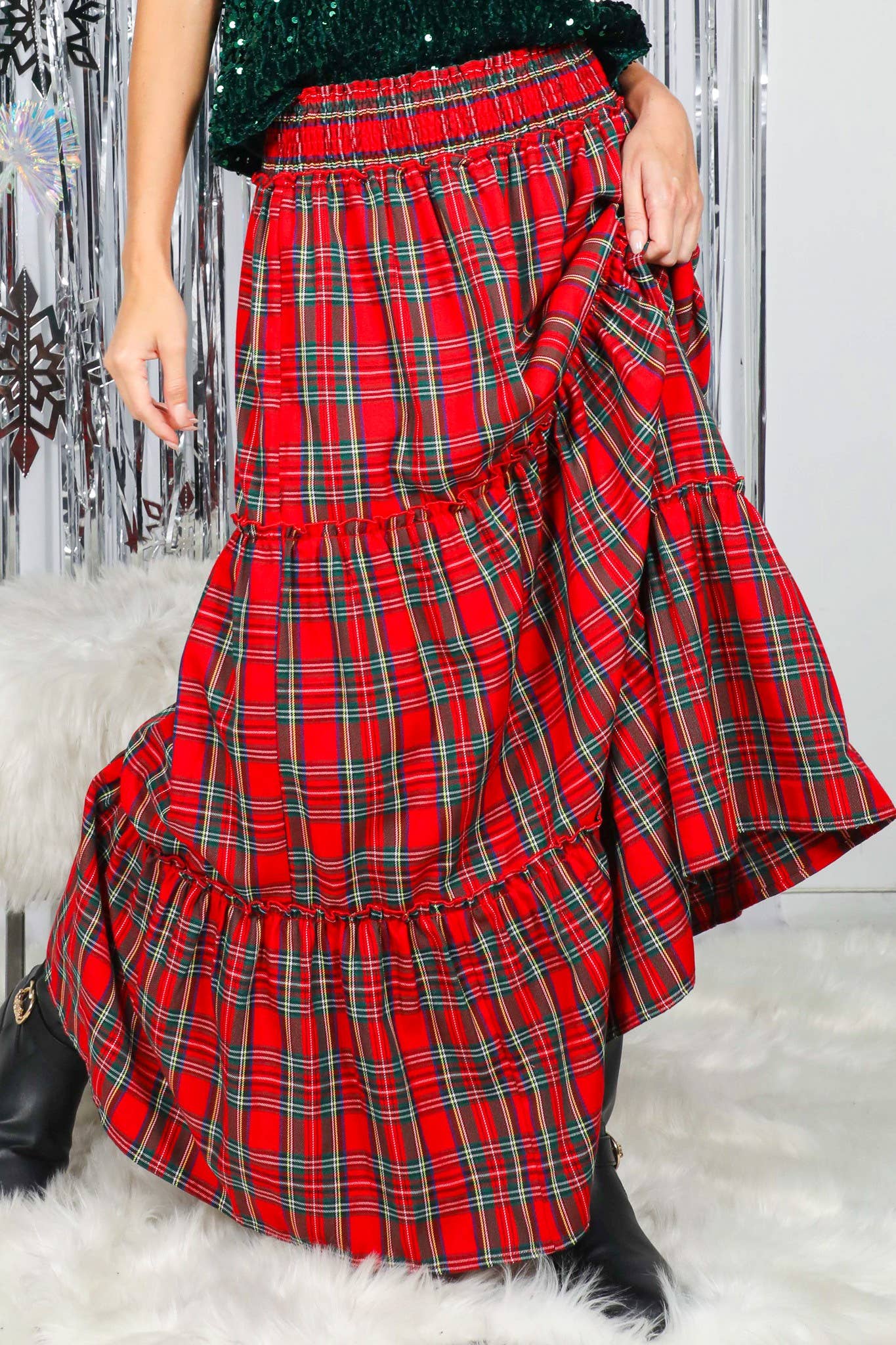 Feelin’ Festive Flowy Plaid Tiered Maxi Skirt