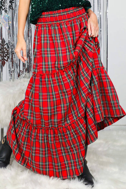 Feelin’ Festive Flowy Plaid Tiered Maxi Skirt