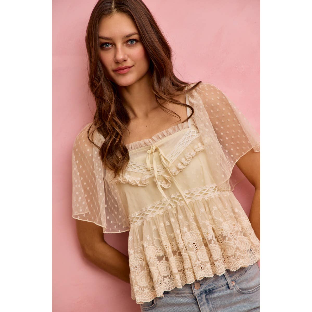 BOHEMIAN LACE TRIM RUFFLED MESH DOT BLOUSE TOP