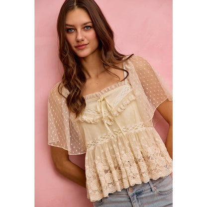 BOHEMIAN LACE TRIM RUFFLED MESH DOT BLOUSE TOP