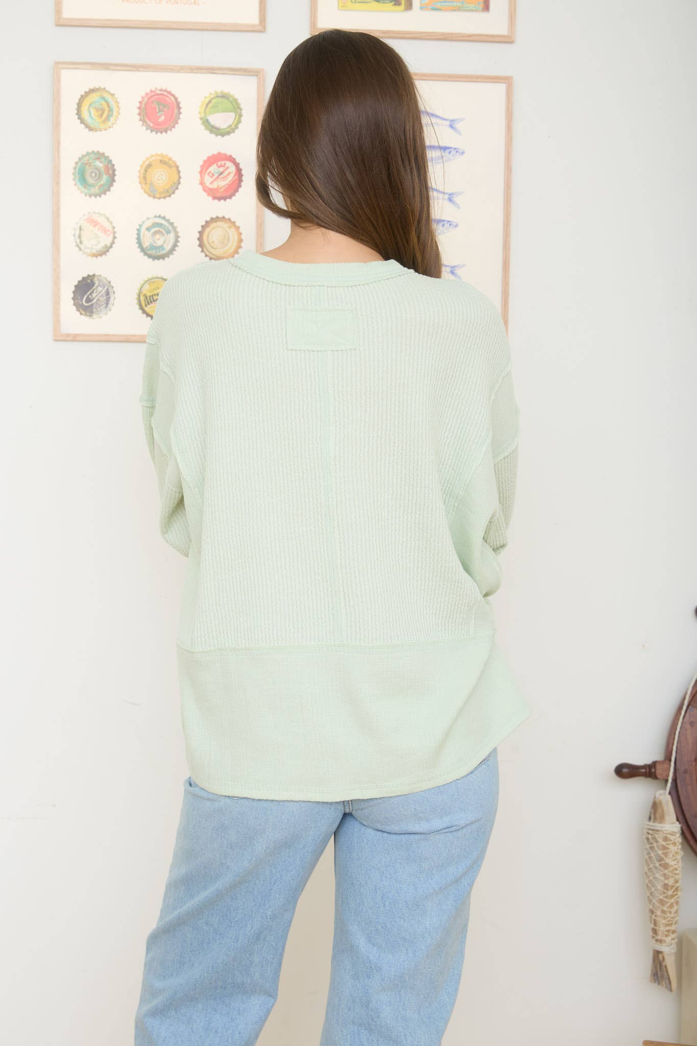 Lime Light Split Neck Ribbed Knit Top