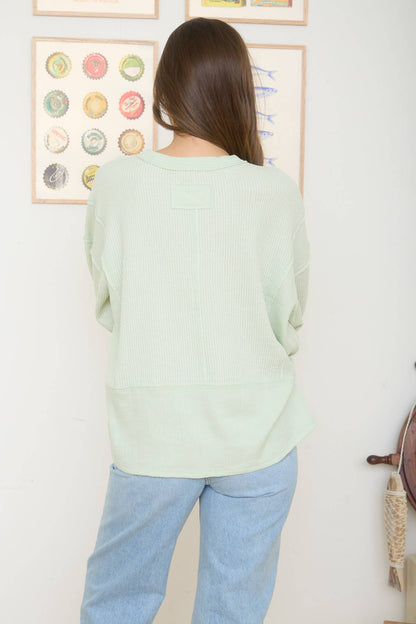 Lime Light Split Neck Ribbed Knit Top