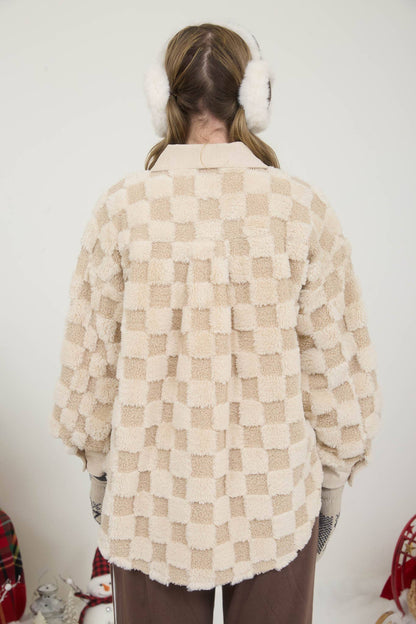 Snuggle Bug Checkered Faux Shearling Button Down Shacket