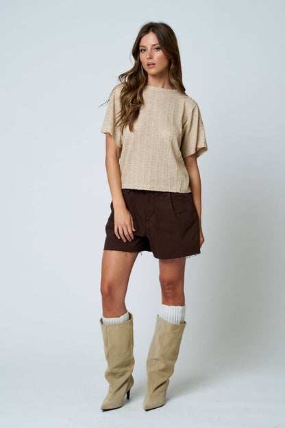 DOLMAN SHORT SLEEVE EXPOSED SEAM TEXTURED KNIT TOP