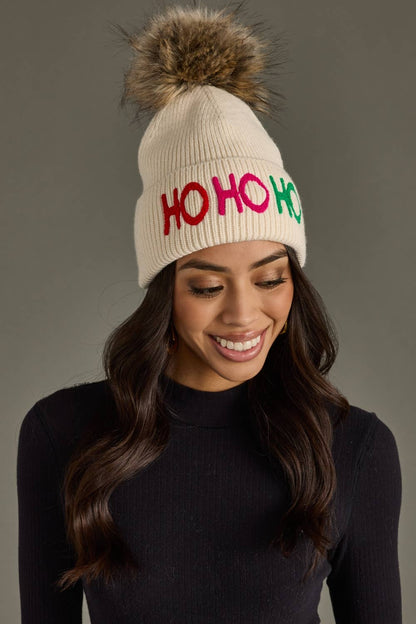 Beige Ho Ho Ho Knit Pom Hat