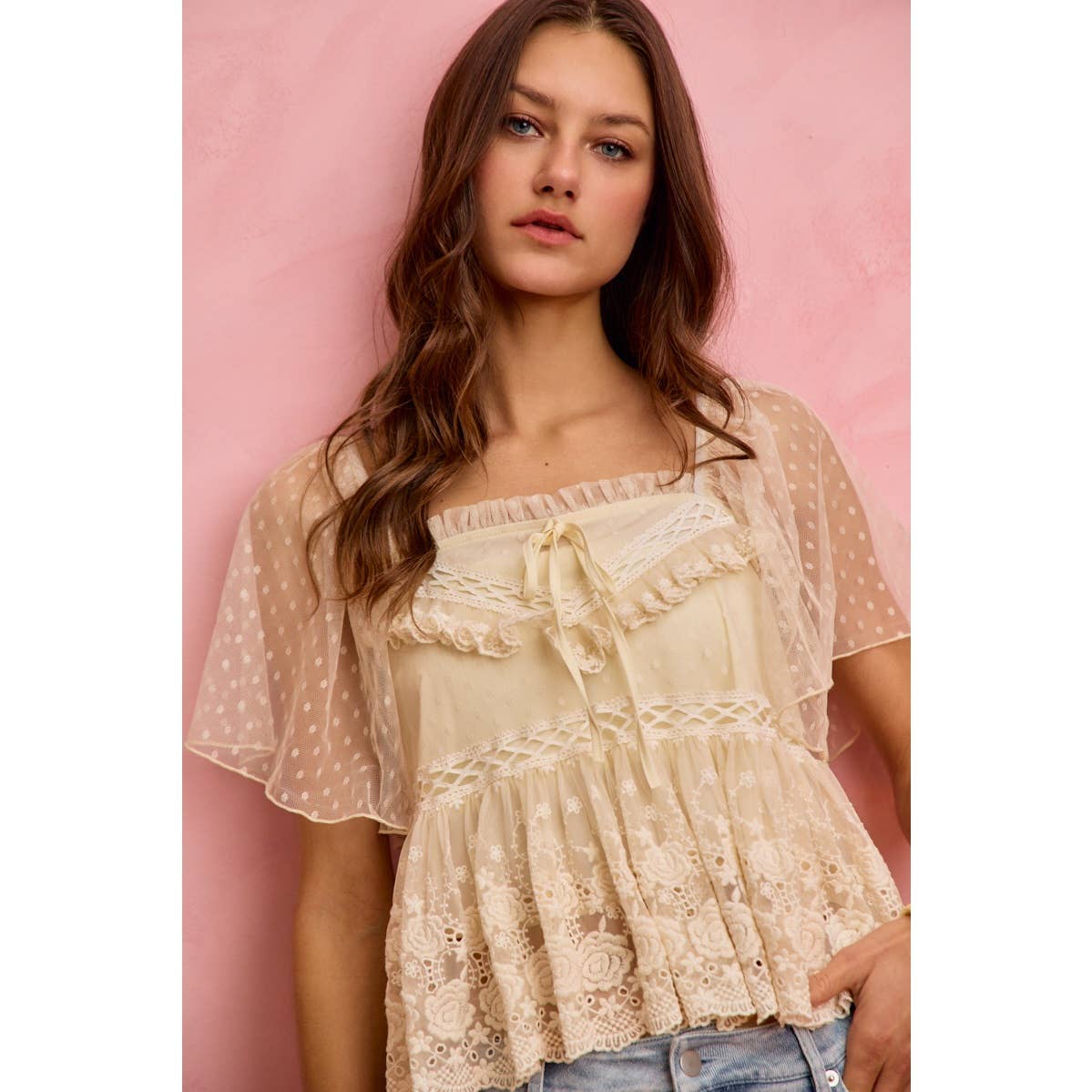 BOHEMIAN LACE TRIM RUFFLED MESH DOT BLOUSE TOP