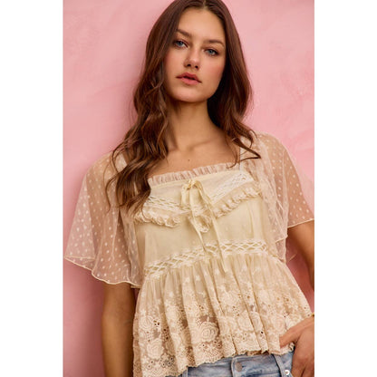 BOHEMIAN LACE TRIM RUFFLED MESH DOT BLOUSE TOP
