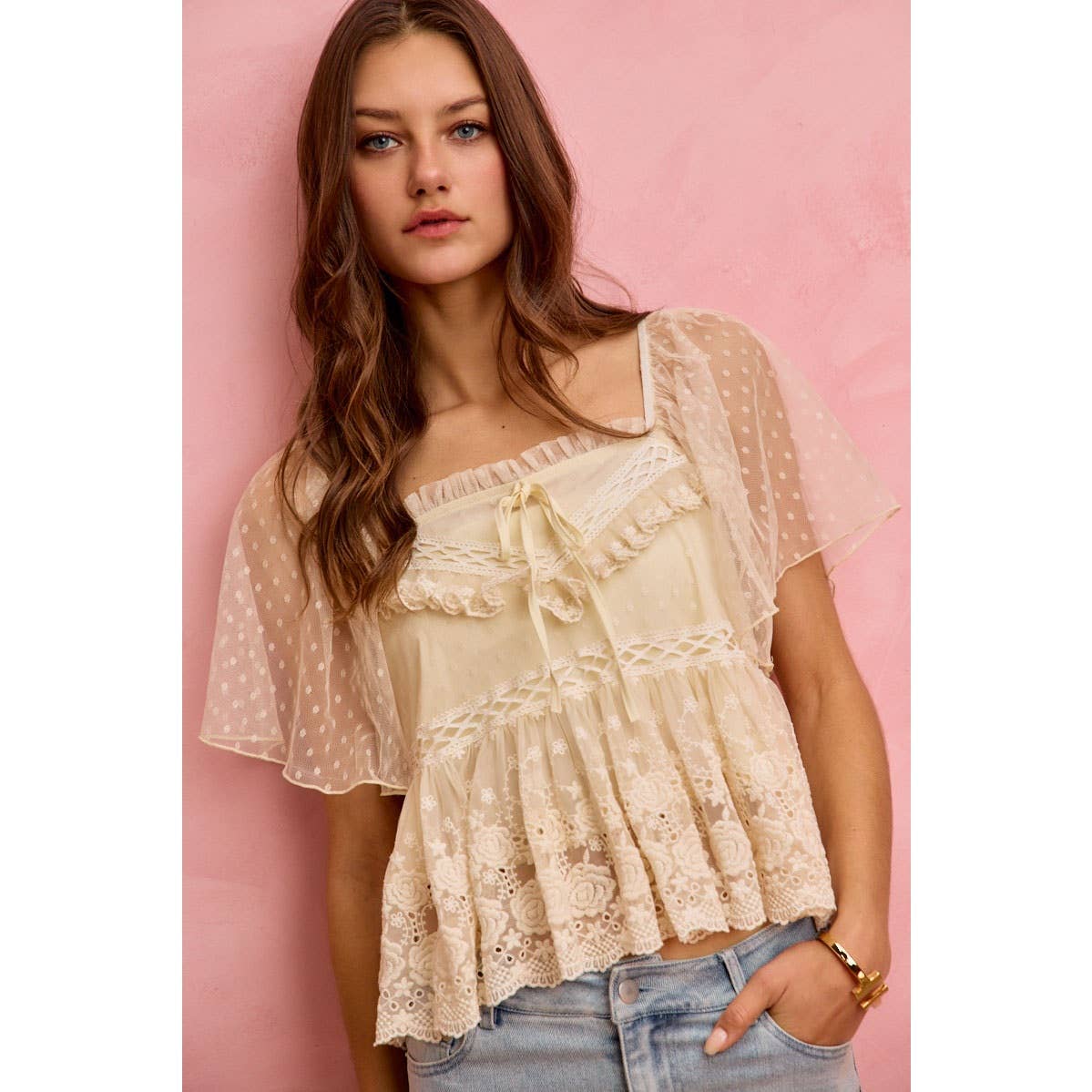 BOHEMIAN LACE TRIM RUFFLED MESH DOT BLOUSE TOP
