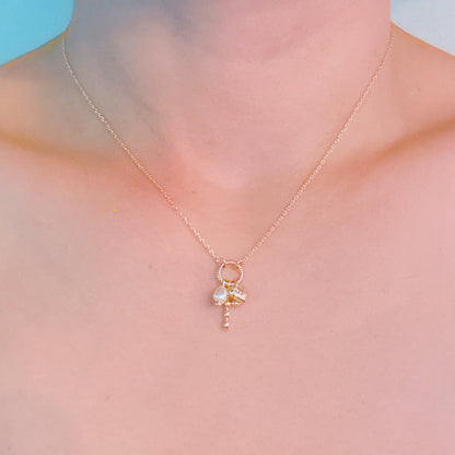 Faith & Love Charm Necklace – Gold-Tone Chain with Heart, Cross, and Pearl Charms