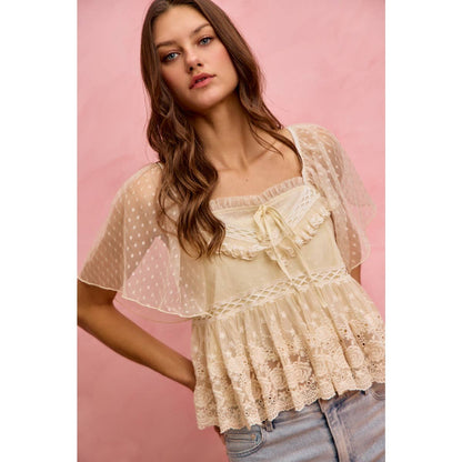 BOHEMIAN LACE TRIM RUFFLED MESH DOT BLOUSE TOP