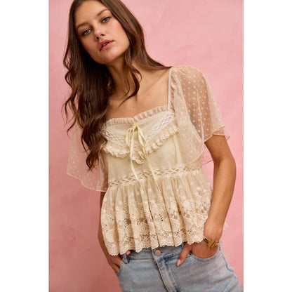 BOHEMIAN LACE TRIM RUFFLED MESH DOT BLOUSE TOP