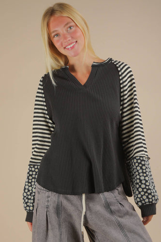 Mixed Emotions Oversized Floral & Stripe Knit Top