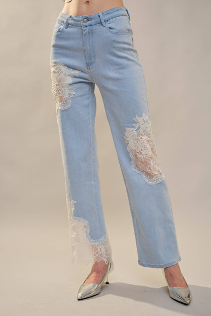 Lace Patchwork Straight Leg Jeans