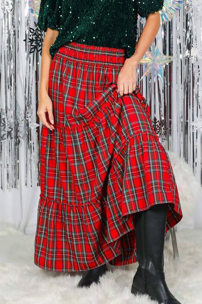 Feelin’ Festive Flowy Plaid Tiered Maxi Skirt