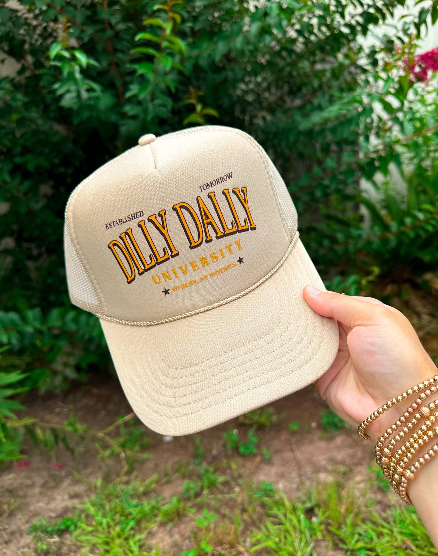 Dilly Dally University (yellow font) Khaki Trucker Hat