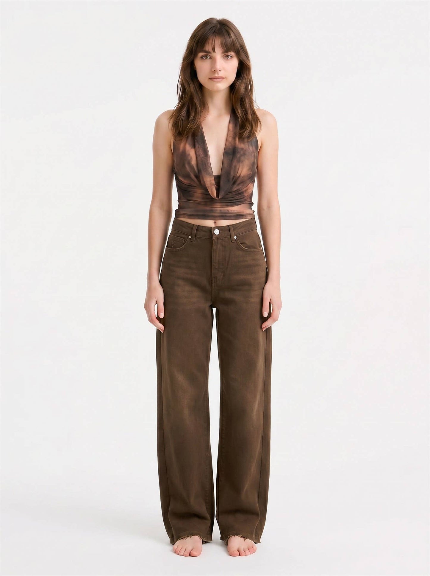SHEER DRAPED HALTER PLUNGE TOP