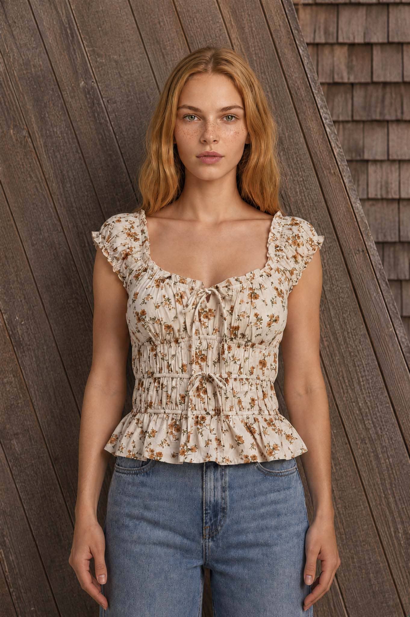 FLORAL FRONT TIE SHIRRED WAIST RUFFLED TOP
