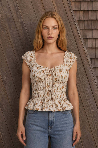 FLORAL FRONT TIE SHIRRED WAIST RUFFLED TOP