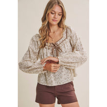 Load image into Gallery viewer, PRAIRIE ROMANCE BOTANICAL BOW TIE FRONT RUFFLED BLOUSE